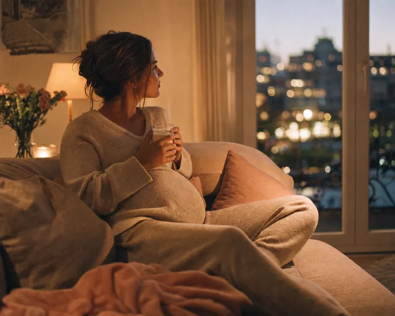 Schwangere sitzt abends mit einem Glas Milch auf dem Sofa am Fenster
