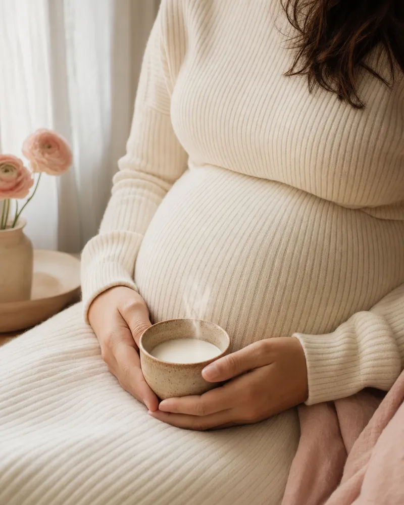 Schwangere hält eine warme Tasse Milch auf dem Bauch